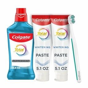 Colgate Total Whitening Paste Toothpaste, 5.1 oz, 2pk   Active Prevention Foaming Clean Toothbrush, Soft   Advanced Pro-Shield Mouthwash, Peppermint -1L