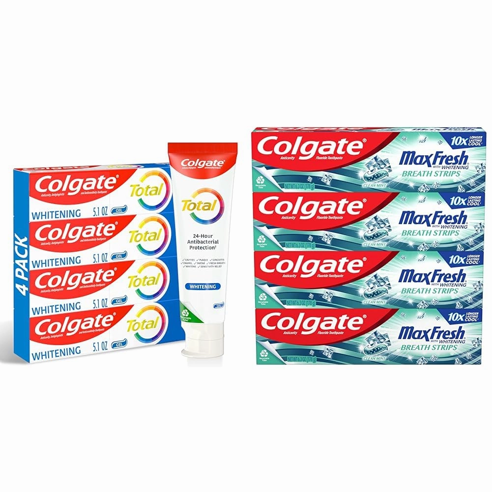Colgate Total Whitening Toothpaste Gel, 10 Benefits, No Trade-Offs, Freshens Breath, Whitens Teeth, Mint Flavor, 4 Pack, 5.1 Oz Tubes