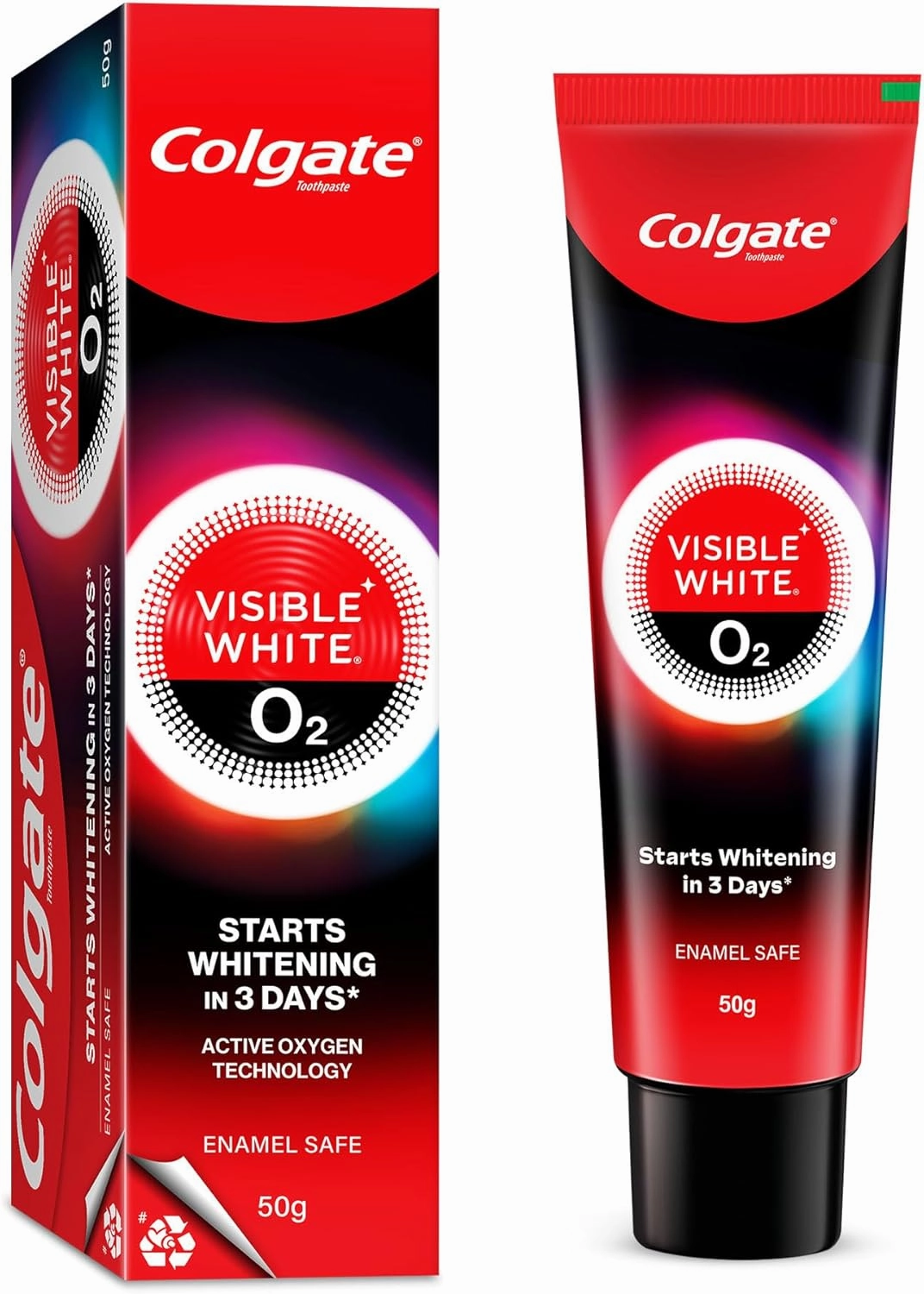 Colgate Visible White O2, Teeth Whitening Toothpaste (50g/1.7oz) for noticeably Whiter Teeth with Active Technology, Whitening & Fresh Breath