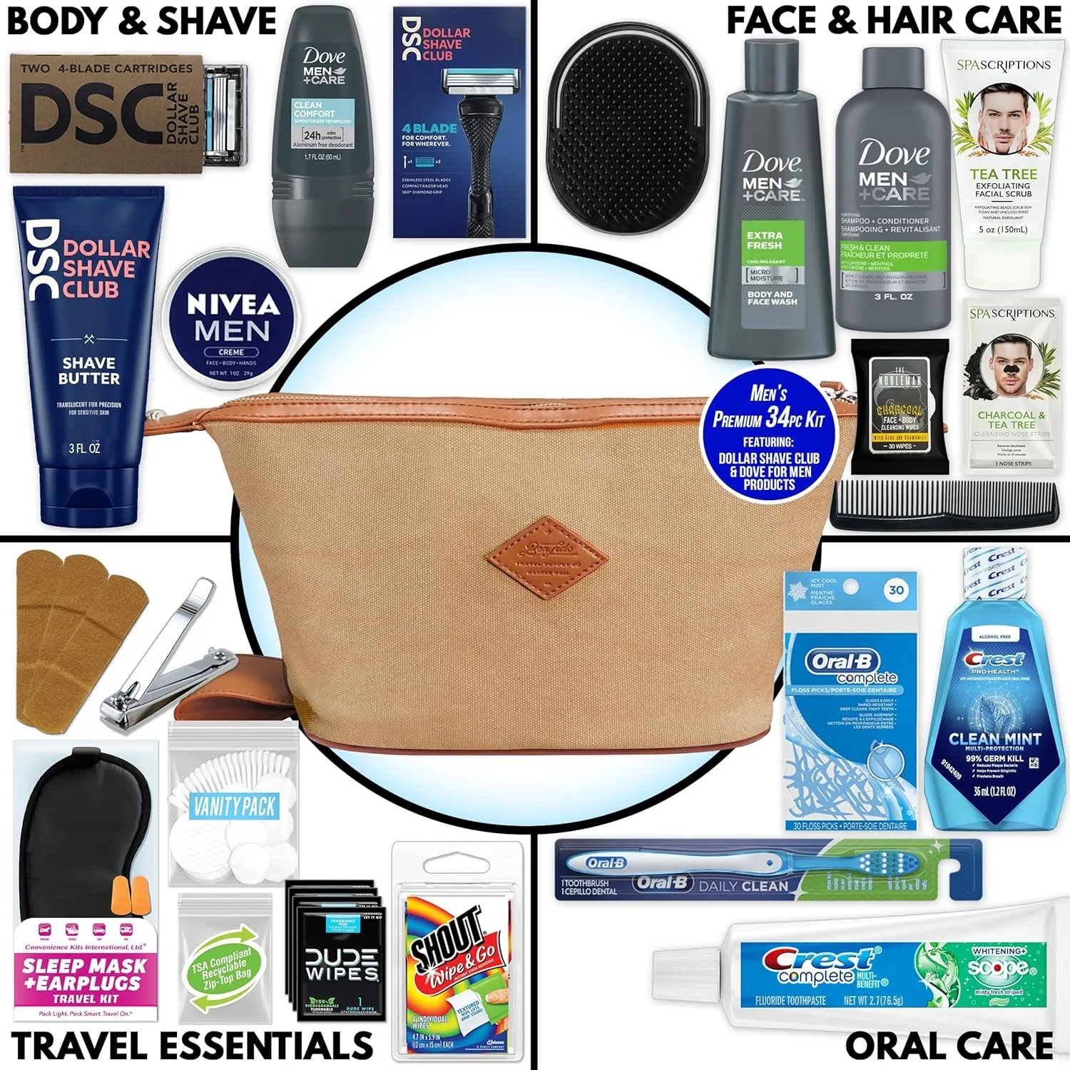 Convenience Kits International Men’s Super Premium 34 PC Travel Kit Featuring: Travel-Size Hair Care Products Plus Face, Body, Oral Care, Travel Essentials in Large Canvas Toiletry Bag (Khaki)