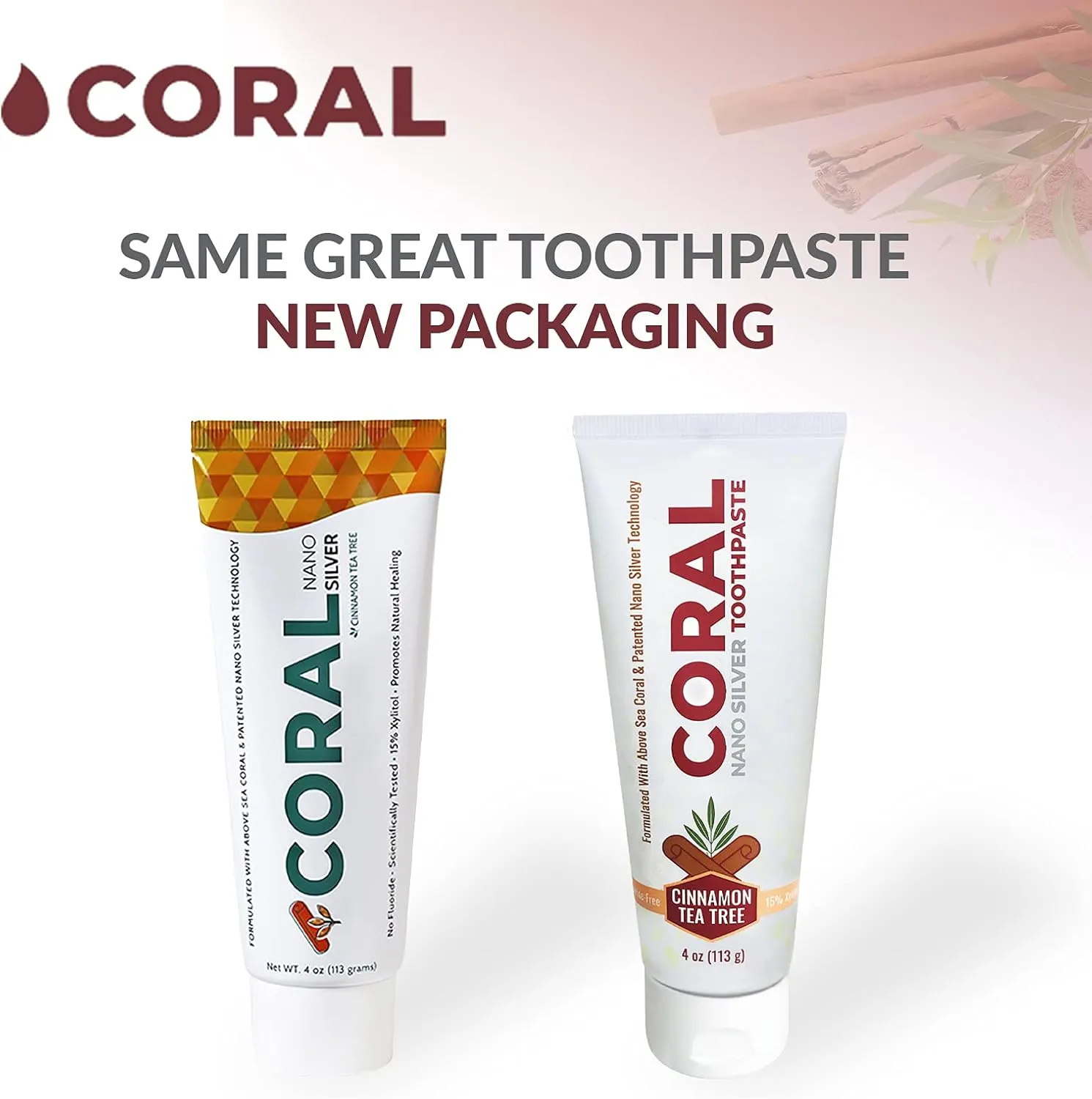 Coral Nano Silver Cinnamon Tea Tree Toothpaste, Natural Fluoride Free Teeth Whitening Toothpaste, Coral Calcium Nano Silver Infused SLS Free 4 Ounce