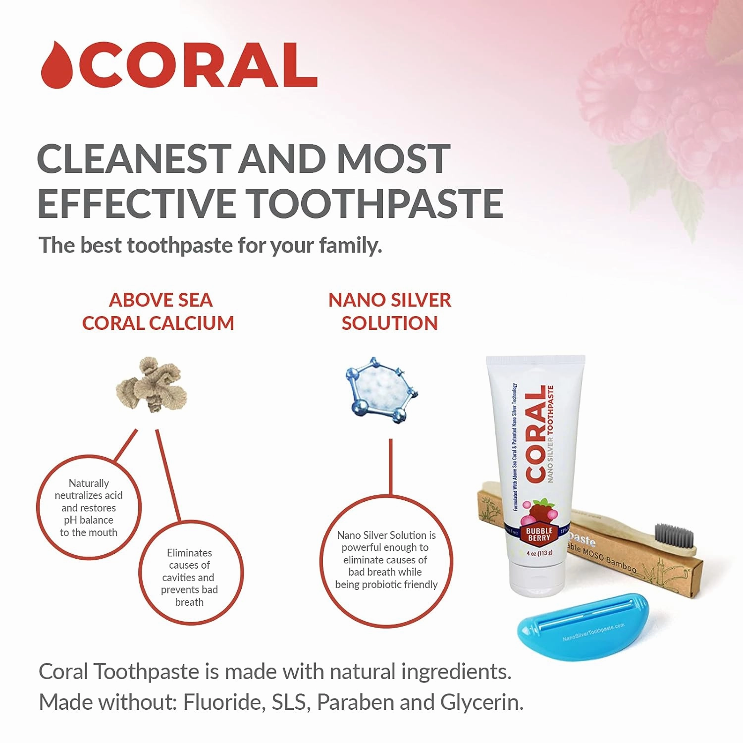 Coral Nano Silver Bundle, Natural Fluoride Free Teeth Whitening Toothpaste, Toothpaste Squeezer and Bamboo Toothbrush, Coral Calcium Nano Silver Infused SLS Free - 4 Ounces (Bubble Berry)