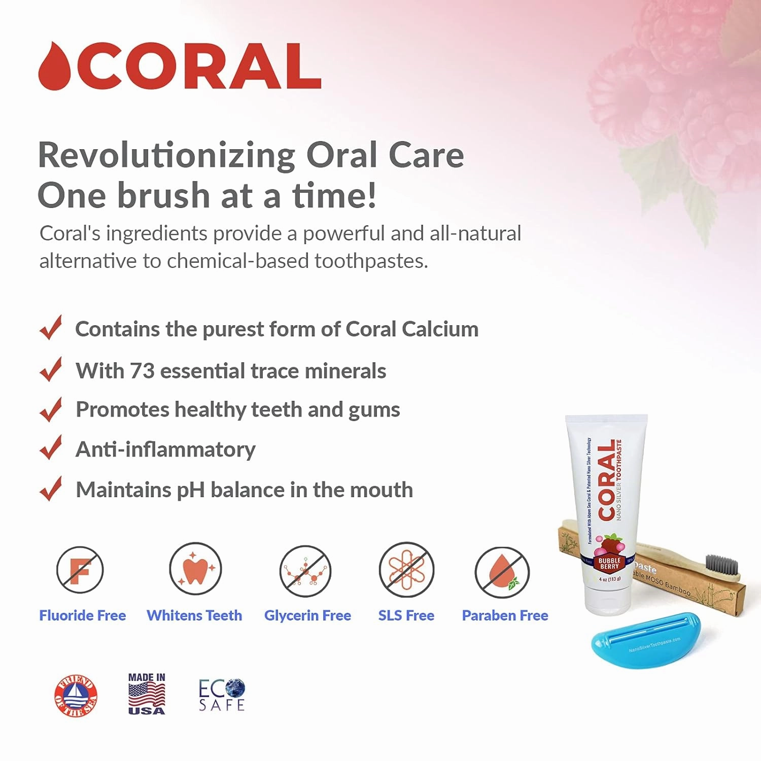 Coral Nano Silver Bundle, Natural Fluoride Free Teeth Whitening Toothpaste, Toothpaste Squeezer and Bamboo Toothbrush, Coral Calcium Nano Silver Infused SLS Free - 4 Ounces (Bubble Berry)