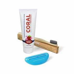Coral Nano Silver Bundle, Natural Fluoride Free Teeth Whitening Toothpaste, Toothpaste Squeezer and Bamboo Toothbrush, Coral Calcium Nano Silver Infused SLS Free - 4 Ounces (Bubble Berry)
