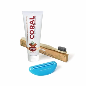 Coral Nano Silver Bundle, Natural Fluoride Free Teeth Whitening Toothpaste, Toothpaste Squeezer and Bamboo Toothbrush, Coral Calcium Nano Silver Infused SLS Free - 4 Ounces (Cinnamon Tea Tree)