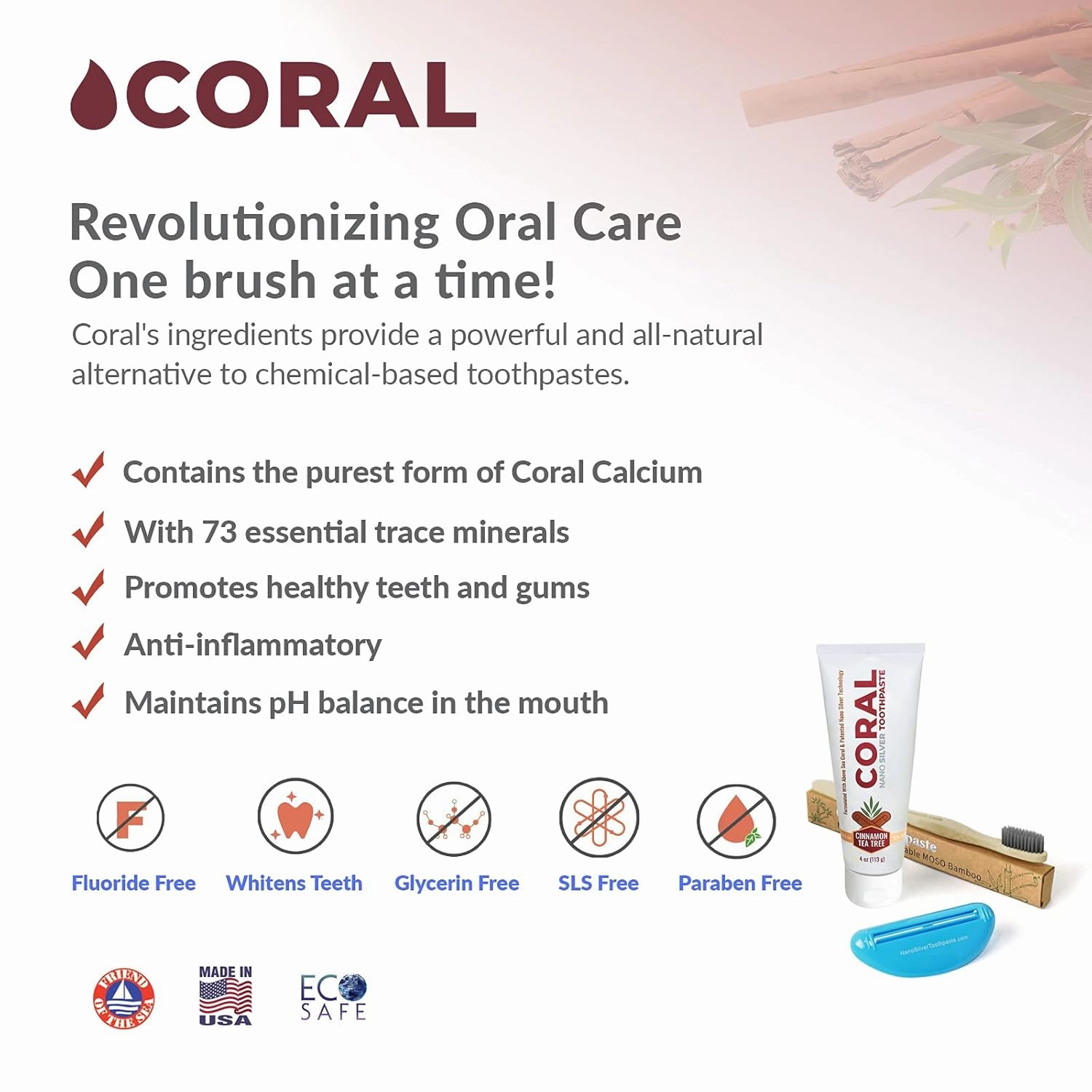 Coral Nano Silver Bundle, Natural Fluoride Free Teeth Whitening Toothpaste, Toothpaste Squeezer and Bamboo Toothbrush, Coral Calcium Nano Silver Infused SLS Free - 4 Ounces (Cinnamon Tea Tree)