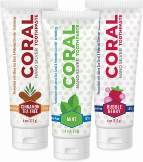 Coral Nano Silver Flavor Bundle Bubble Berry, Mint Toothpaste, Cinnamon Tea Tree, Natural Fluoride Free Teeth Whitening Toothpaste, Coral Calcium Nano Silver Infused SLS Free 3 Pack 4 Ounces
