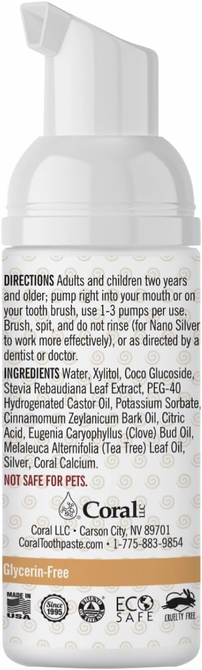 Coral Nano Silver Foaming Cinamon Tea Tree Toothpaste, Natural Fluoride Free Toothpaste, SLS and Glycerin Free - 4 Ounce