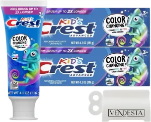 Crest Kids Color Changing Toothpaste Bundle: 2-Pack Bubblegum Flavor 4.2 oz   VenDesta Toothpaste Squeezer - Fun & Effective Toothbrushing for Kids 3-12, Fights Cavities, Engages Children in Oral Care