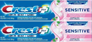 Crest Premium Plus Sensitive Toothpaste with Active Foam Whitening, Soothing Mint Flavor, 7oz (Pack of 2)