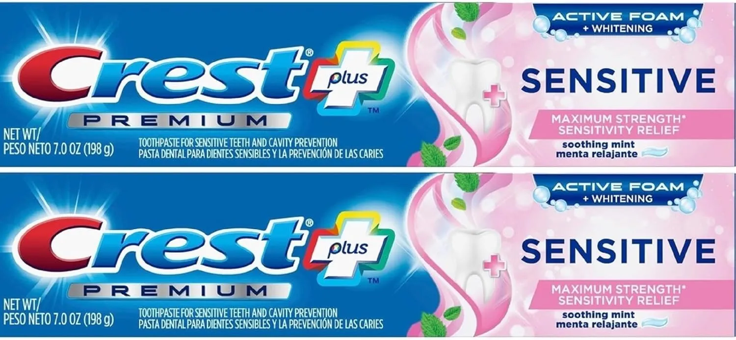 Crest Premium Plus Sensitive Toothpaste with Active Foam Whitening, Soothing Mint Flavor, 7oz (Pack of 2)
