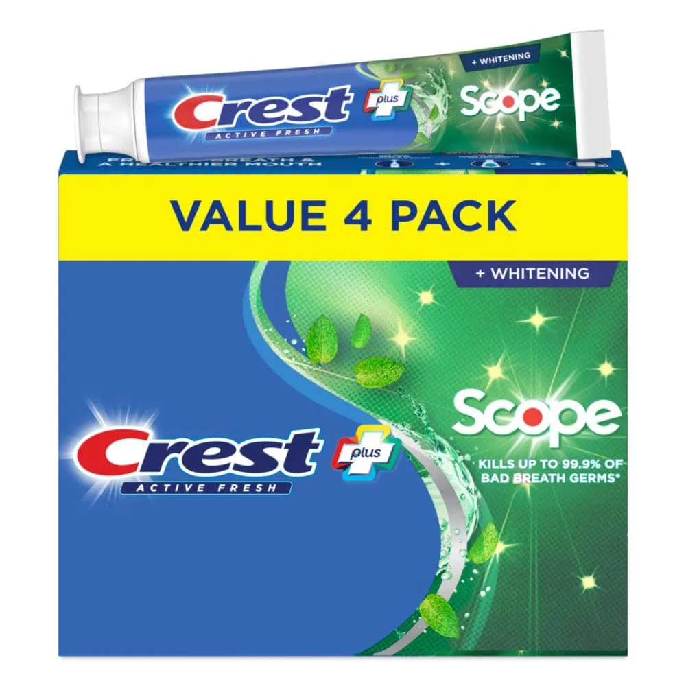 Crest Whitening Plus Scope, Complete Active Fresh   Whitening Toothpaste, 5.5oz, Toothpaste Sensitive Teeth, Pack of 4