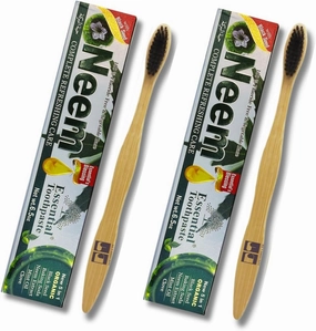 CUTE THINGS & CC Eco-Friendly Mouthcare Bundle: 2pk Essential Palace Neem Toothpaste Makes 13 OZ, Combo & 2pk Bamboo Brushes