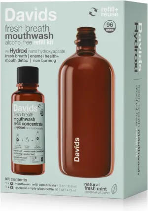 Davids Hydroxi Fresh Breath Mouthwash Kit, Alcohol-Free, Fluoride-Free, Remineralizing Nano-Hydroxyapatite for Sensitive Teeth & Enamel Health, Gum Detox, Relieves Dry Mouth