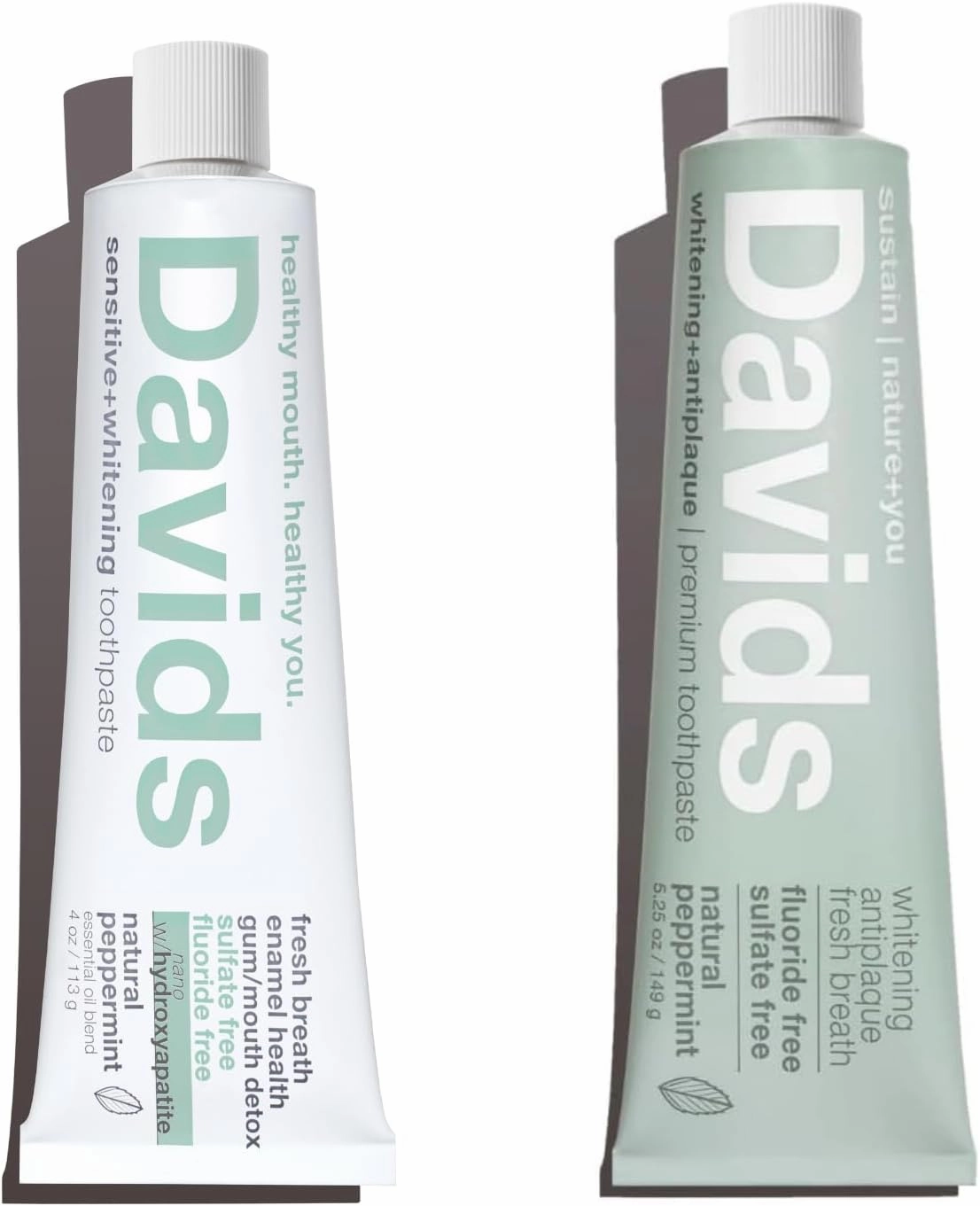 Davids Nano Hydroxi and Antiplaque Peppermint Fluoride Free Toothpaste Bundle, SLS Free, Recyclable Metal Tube, Made in USA, 4 oz and 5.25oz