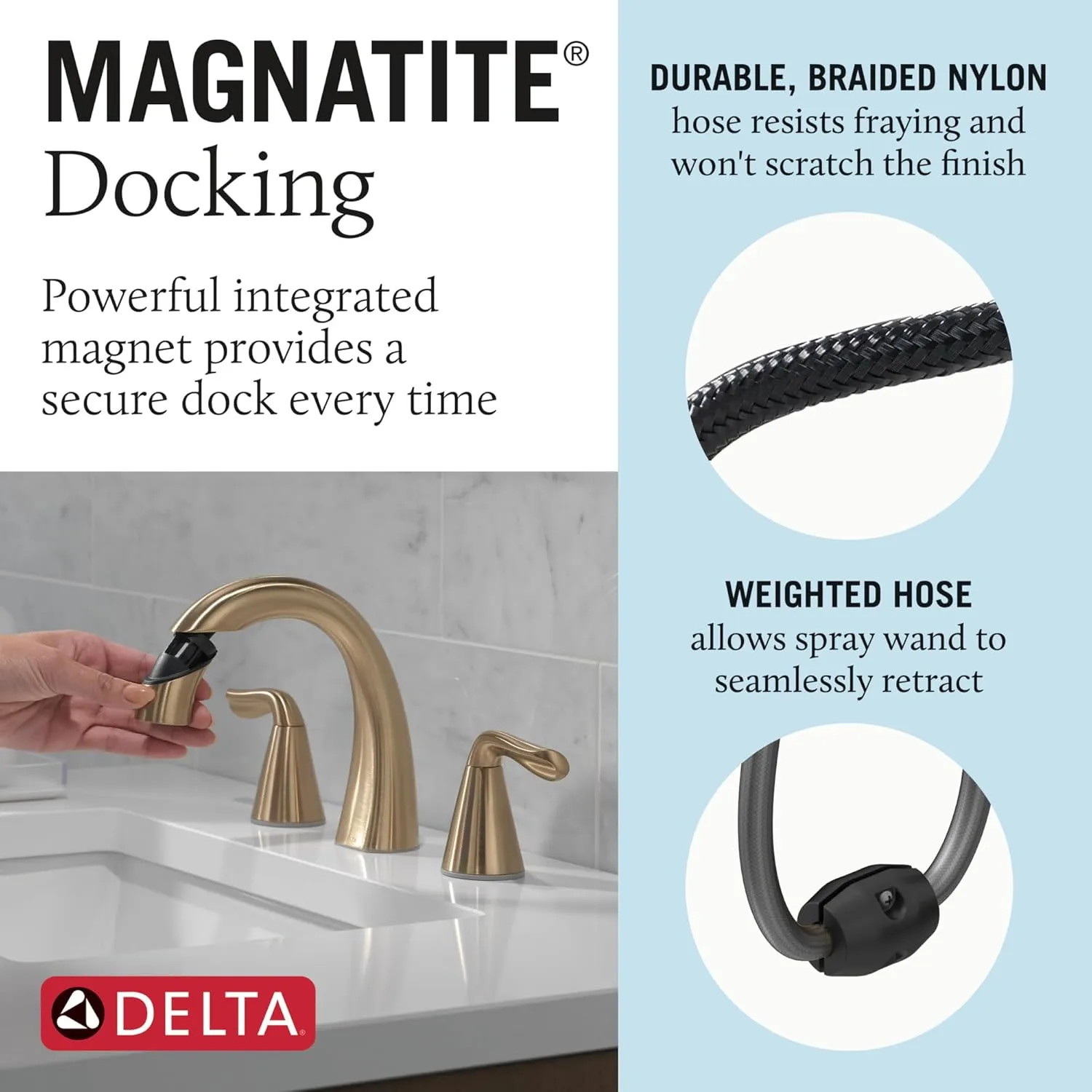 Delta Arvo Brushed Gold Bathroom Faucet with Sprayer, 8 Inch 3 Hole Widespread Bathroom Sink Faucet with Pull Out Sprayer, Push-Pop Drain, Champagne Bronze 35840LF-CZPD