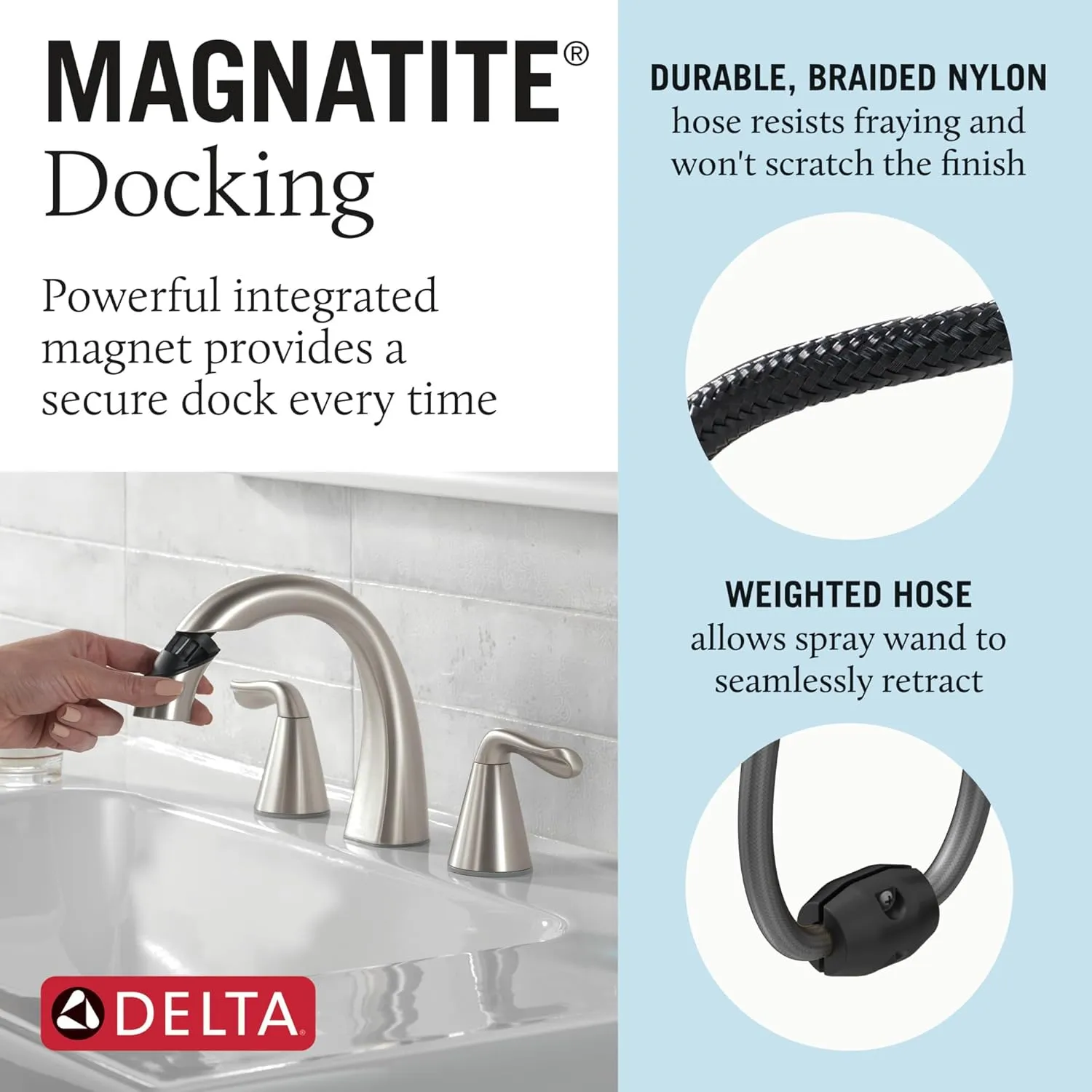 Delta Arvo Brushed Nickel Bathroom Faucet with Sprayer, 8 Inch 3 Hole Widespread Bathroom Sink Faucet with Pull Out Sprayer, Push-Pop Drain, SpotShield Stainless 35840LF-SPPD