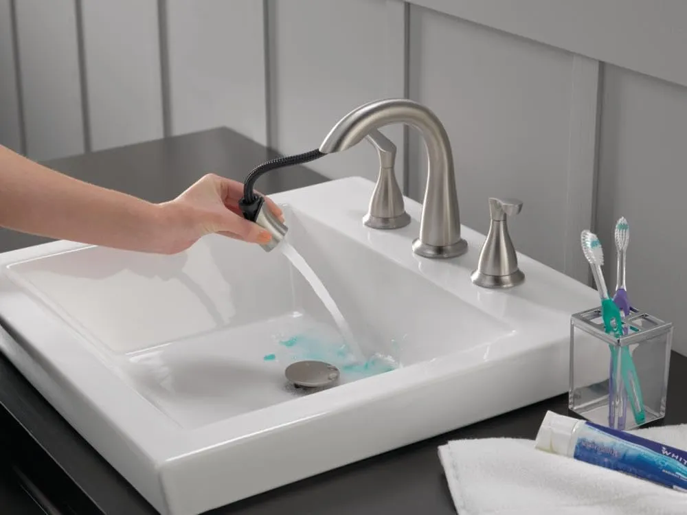 Delta Faucet Broadmoor Pull Down Bathroom Faucet Brushed Nickel, Bathroom Faucet, Widespread Bathroom Faucet 3 Hole with Magnetic Docking, Bathroom Sink Faucet, SpotShield Stainless 35765LF-SPPD