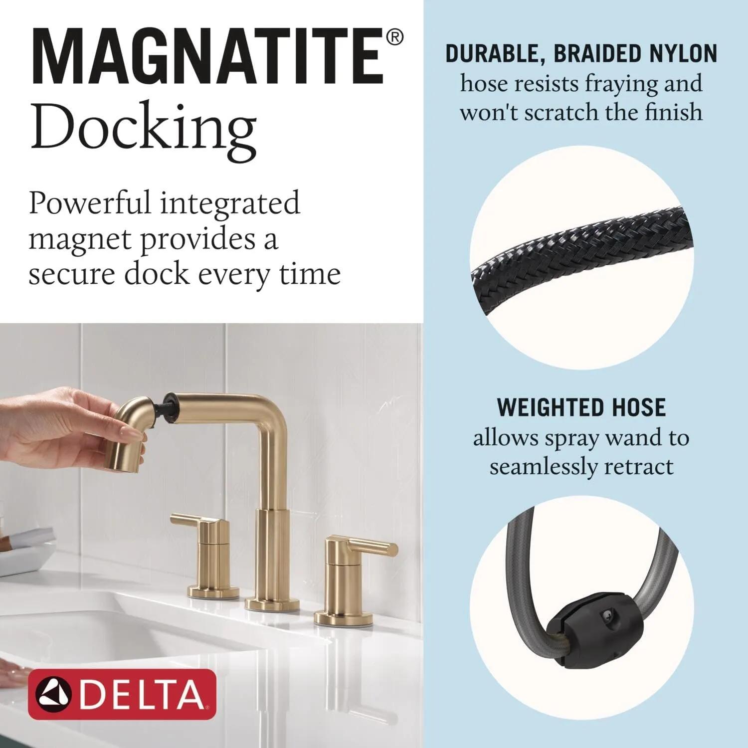 Delta Nicoli Brushed Gold Bathroom Faucet with Sprayer, 8 Inch 3 Hole Widespread Bathroom Sink Faucet with Pull Out Sprayer, Push-Pop Drain, Champagne Bronze 35849LF-CZPD