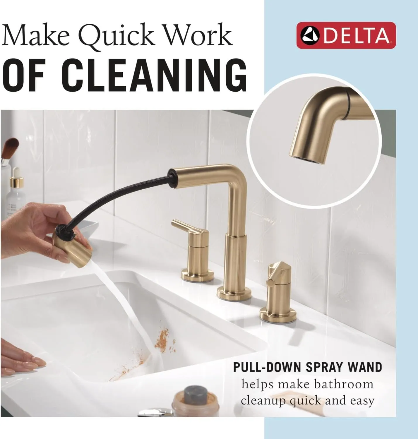 Delta Nicoli Brushed Gold Bathroom Faucet with Sprayer, 8 Inch 3 Hole Widespread Bathroom Sink Faucet with Pull Out Sprayer, Push-Pop Drain, Champagne Bronze 35849LF-CZPD