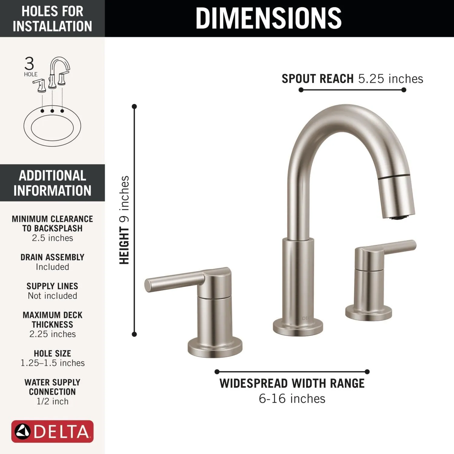 Delta Nicoli Brushed Nickel Bathroom Faucet with Sprayer, 8 Inch 3 Hole Widespread Bathroom Sink Faucet with Pull Out Sprayer, Push-Pop Drain, Stainless 35749LF-SSPD