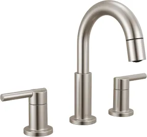 Delta Nicoli Brushed Nickel Bathroom Faucet with Sprayer, 8 Inch 3 Hole Widespread Bathroom Sink Faucet with Pull Out Sprayer, Push-Pop Drain, Stainless 35749LF-SSPD