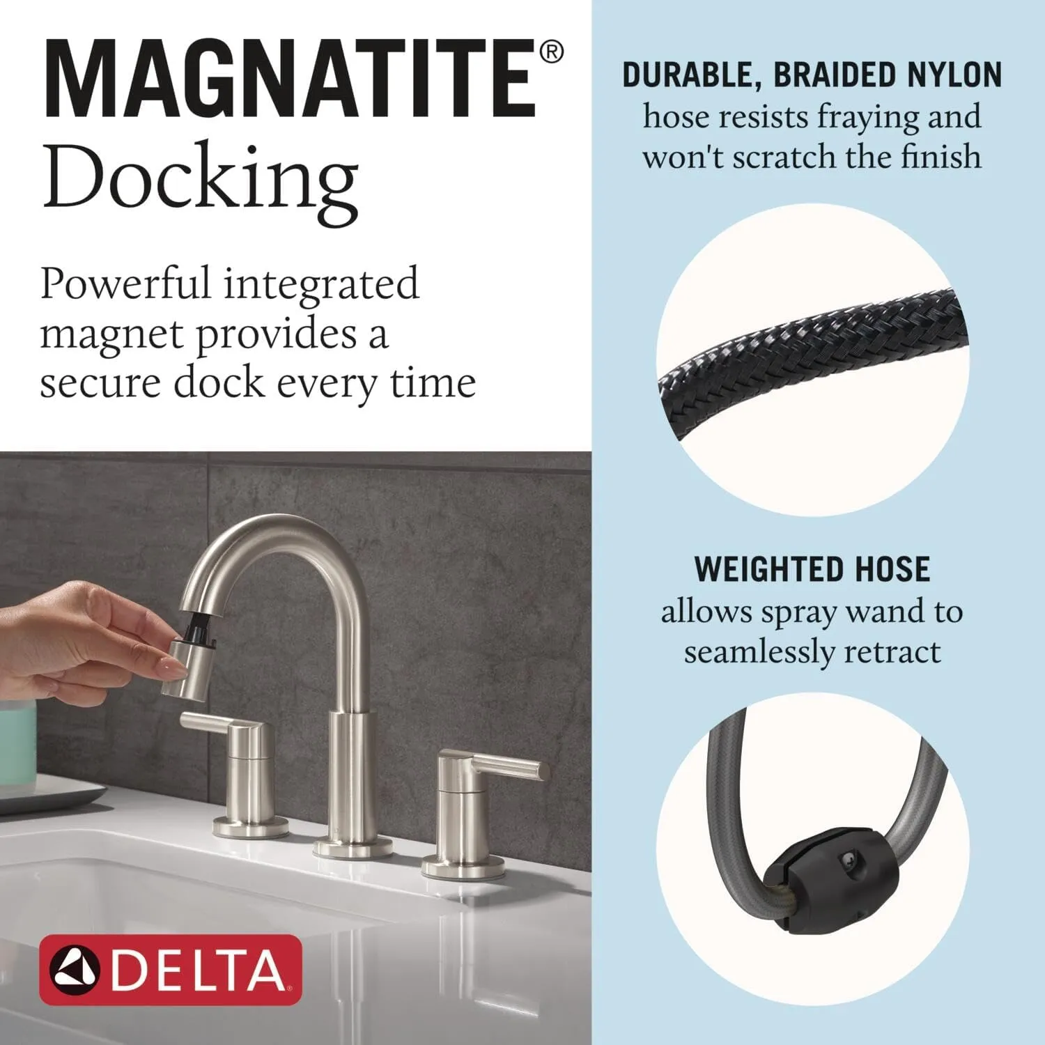 Delta Nicoli Brushed Nickel Bathroom Faucet with Sprayer, 8 Inch 3 Hole Widespread Bathroom Sink Faucet with Pull Out Sprayer, Push-Pop Drain, Stainless 35749LF-SSPD