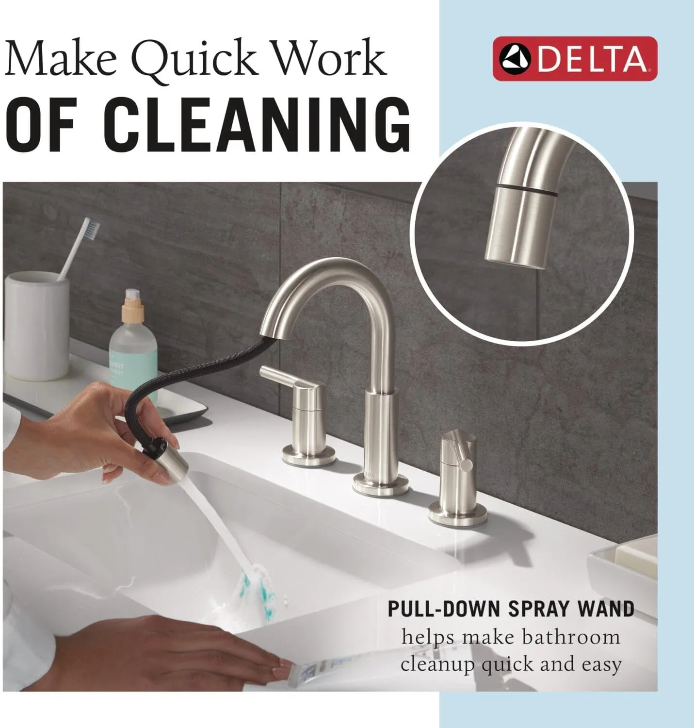 Delta Nicoli Brushed Nickel Bathroom Faucet with Sprayer, 8 Inch 3 Hole Widespread Bathroom Sink Faucet with Pull Out Sprayer, Push-Pop Drain, Stainless 35749LF-SSPD
