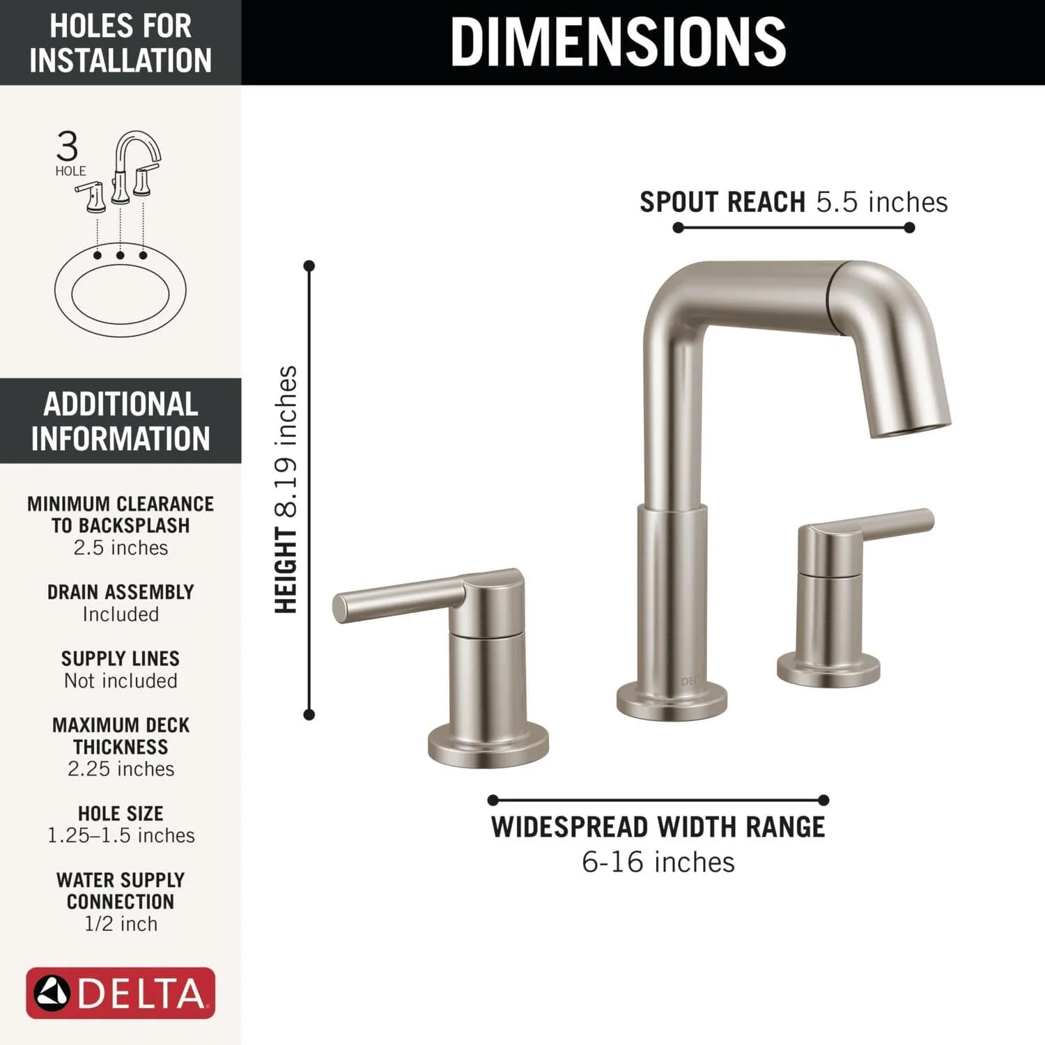 Delta Nicoli Brushed Nickel Bathroom Faucet with Sprayer, 8 Inch 3 Hole Widespread Bathroom Sink Faucet with Pull Out Sprayer, Push-Pop Drain, Stainless 35849LF-SSPD