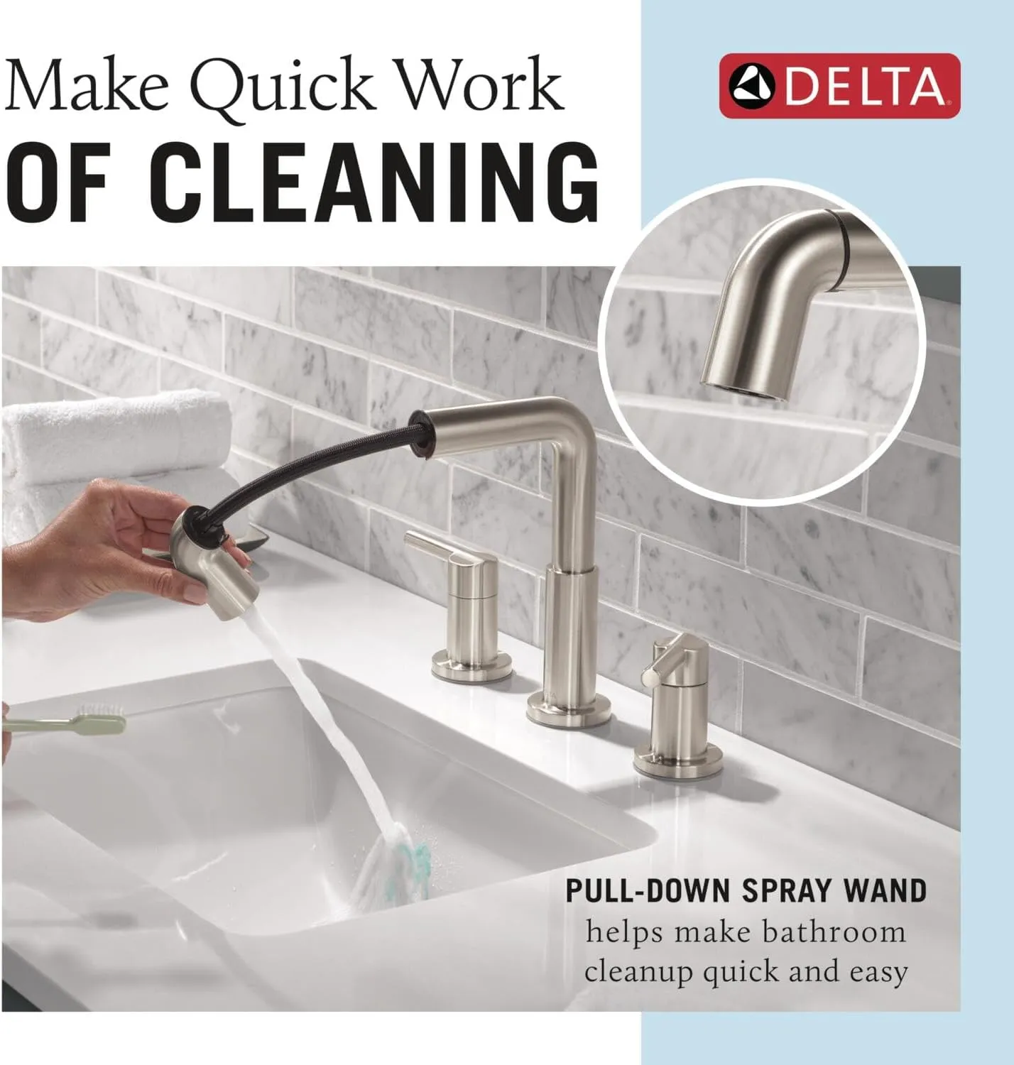 Delta Nicoli Brushed Nickel Bathroom Faucet with Sprayer, 8 Inch 3 Hole Widespread Bathroom Sink Faucet with Pull Out Sprayer, Push-Pop Drain, Stainless 35849LF-SSPD