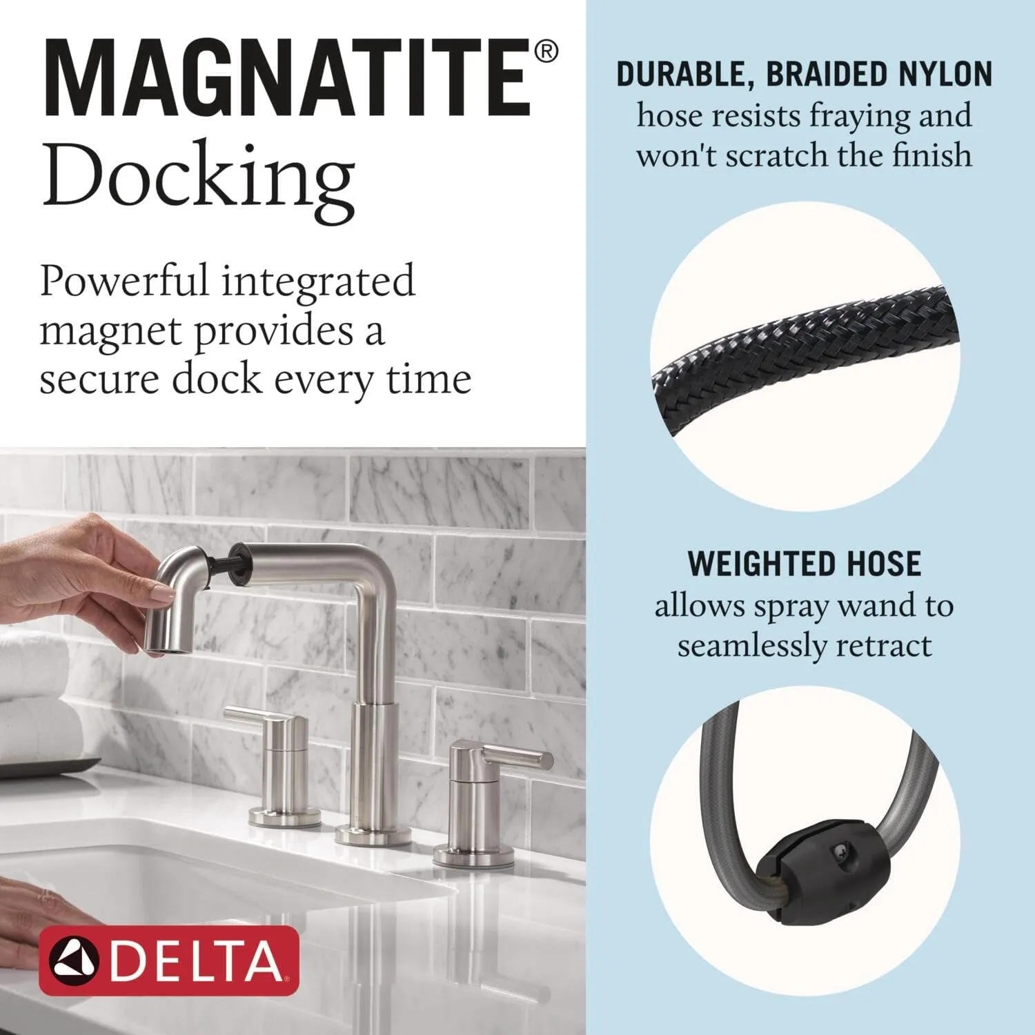 Delta Nicoli Brushed Nickel Bathroom Faucet with Sprayer, 8 Inch 3 Hole Widespread Bathroom Sink Faucet with Pull Out Sprayer, Push-Pop Drain, Stainless 35849LF-SSPD