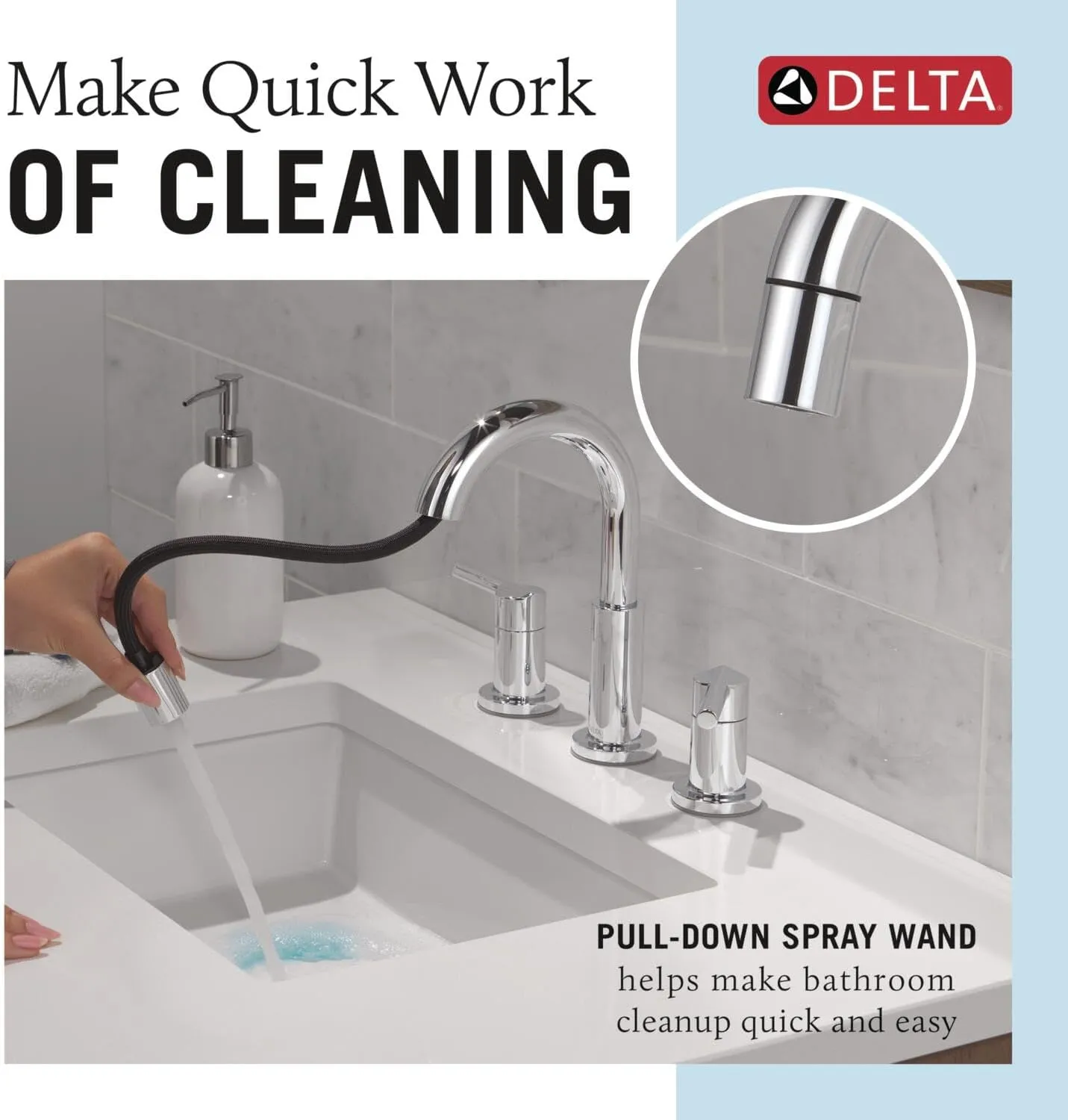 Delta Nicoli Chrome Bathroom Faucet with Sprayer, 8 Inch 3 Hole Widespread Bathroom Sink Faucet with Pull Out Sprayer, Push-Pop Drain, Chrome 35749LF-PD