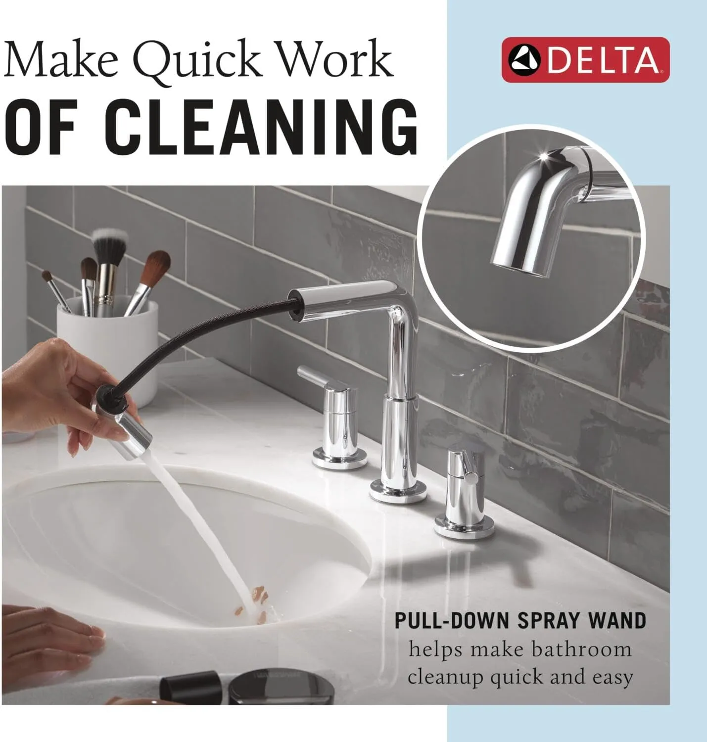 Delta Nicoli Chrome Bathroom Faucet with Sprayer, 8 Inch 3 Hole Widespread Bathroom Sink Faucet with Pull Out Sprayer, Push-Pop Drain, Chrome 35849LF-PD