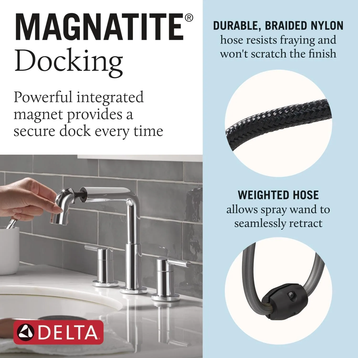 Delta Nicoli Chrome Bathroom Faucet with Sprayer, 8 Inch 3 Hole Widespread Bathroom Sink Faucet with Pull Out Sprayer, Push-Pop Drain, Chrome 35849LF-PD
