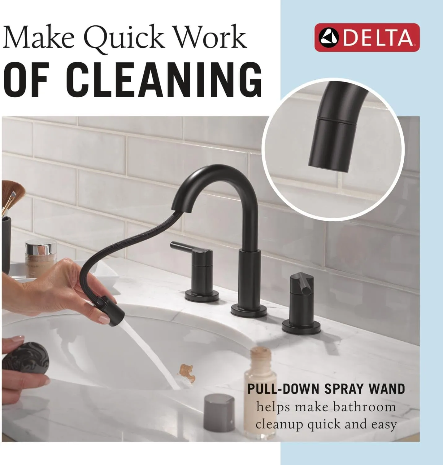 Delta Nicoli Matte Black Bathroom Faucet with Sprayer, 8 Inch 3 Hole Widespread Bathroom Sink Faucet with Pull Out Sprayer, Push-Pop Drain, Matte Black 35749LF-BLPD