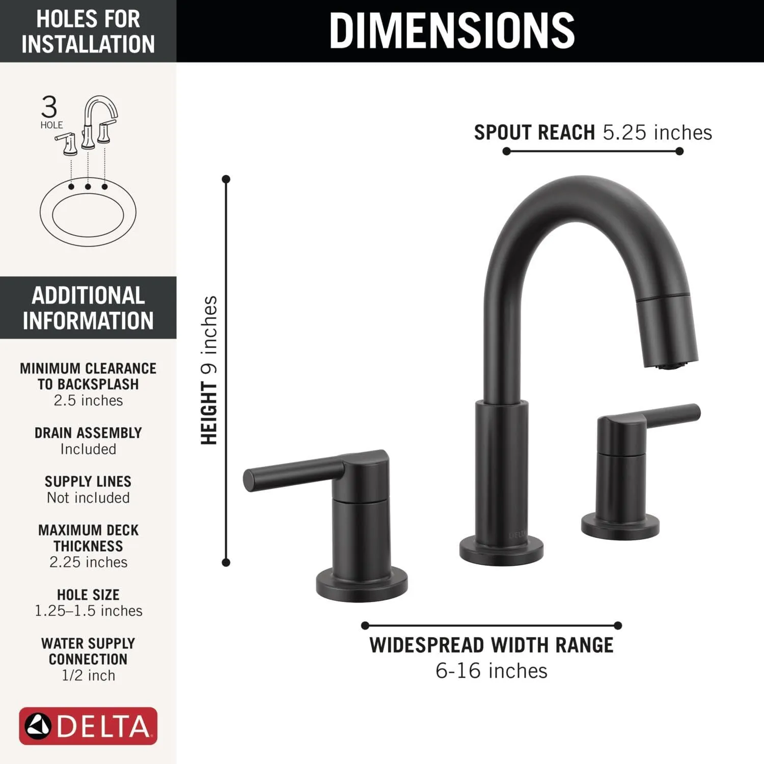 Delta Nicoli Matte Black Bathroom Faucet with Sprayer, 8 Inch 3 Hole Widespread Bathroom Sink Faucet with Pull Out Sprayer, Push-Pop Drain, Matte Black 35749LF-BLPD