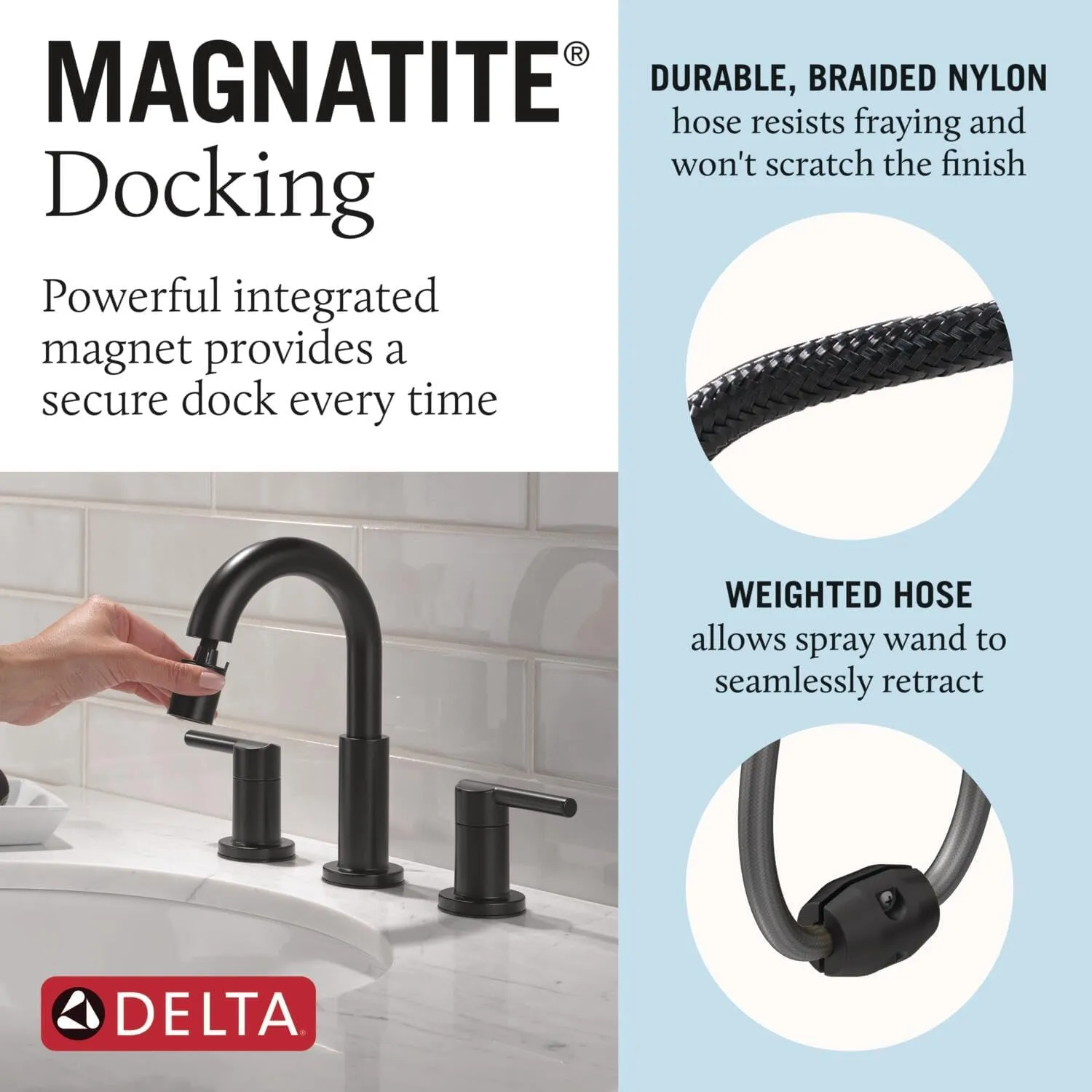 Delta Nicoli Matte Black Bathroom Faucet with Sprayer, 8 Inch 3 Hole Widespread Bathroom Sink Faucet with Pull Out Sprayer, Push-Pop Drain, Matte Black 35749LF-BLPD