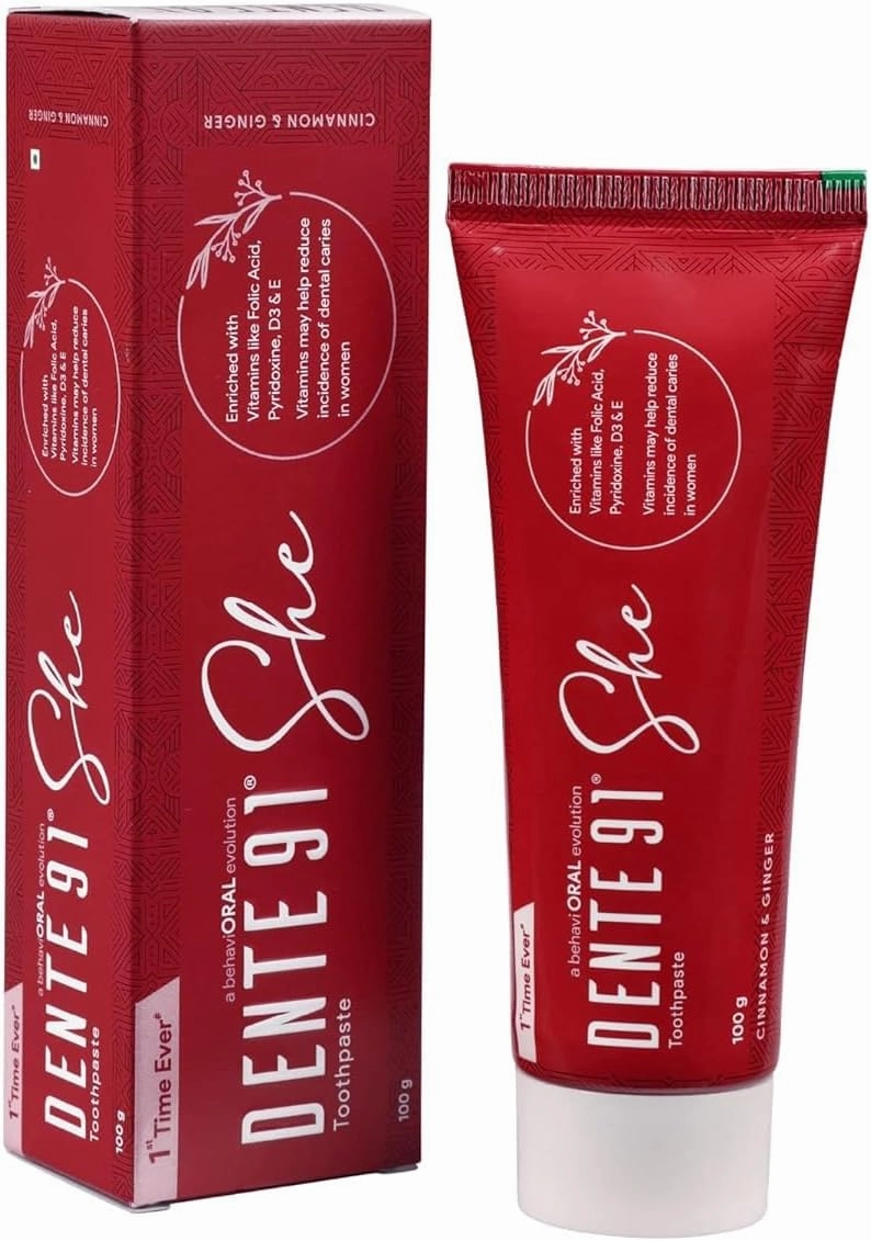 Dente91 SHE Toothpaste Specially Crafted for Women, Remove Plaque Contains Folic Acid & Vitamins (B6, E, D3), Cinnamon & Ginger Flavour, Free from SLS, Fluoride & Paraben 100g (Pack of 1)