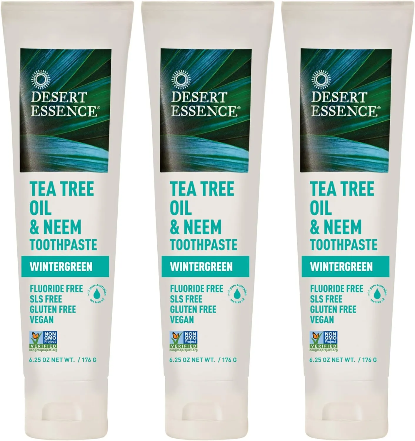 Desert Essence Natural Tea Tree Oil and Neem Toothpaste, Wintergreen,6.25 Oz, Pack of 3