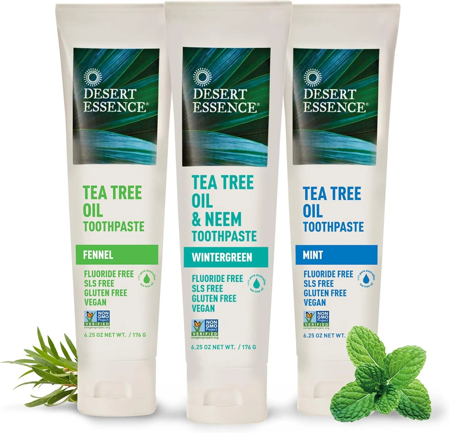 Desert Essence Natural Tea Tree Oil and Neem Toothpaste, Wintergreen,6.25 Oz, Pack of 3