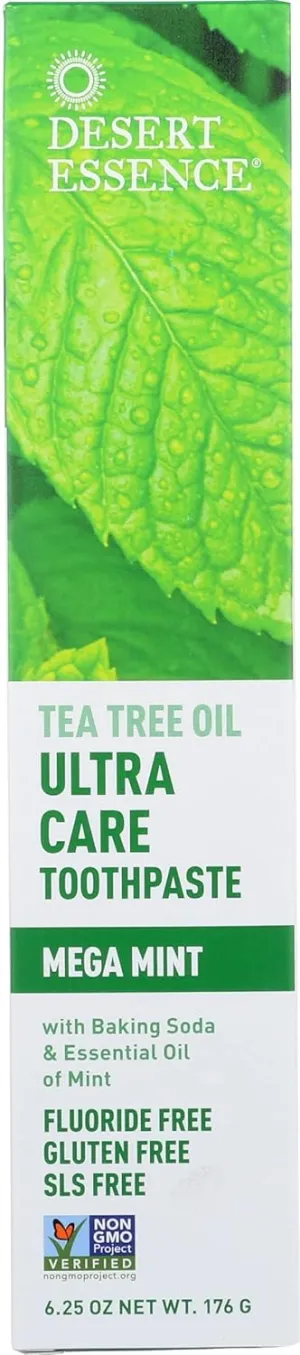Desert Essence Natural Tea Tree Oil Ultra Care Toothpaste, Mega Mint, Helps Soothe Gums & Reduce Plaque, Freshens Breath & Cleans Teeth, Oral Care, Defends Against Sugar Acids, 6.25 Oz (Pack of 3)