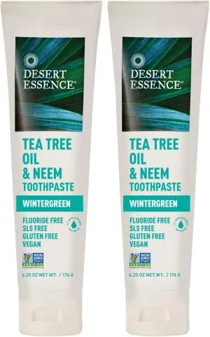 Desert Essence Tea Tree Oil & Neem Toothpaste - 6.25 Oz - Pack of 2 - Refreshing Rich Taste - Baking Soda & Essential Oil of Wintergreen - Antiseptic - Natural Ingredients - Fluoride & Gluten Free.
