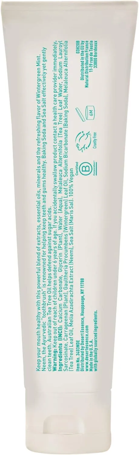 Desert Essence Tea Tree Oil & Neem Toothpaste - 6.25 Oz - Pack of 6 - Refreshing Rich Taste - Baking Soda & Essential Oil of Wintergreen - Antiseptic - Natural Ingredients - Fluoride & Gluten Free