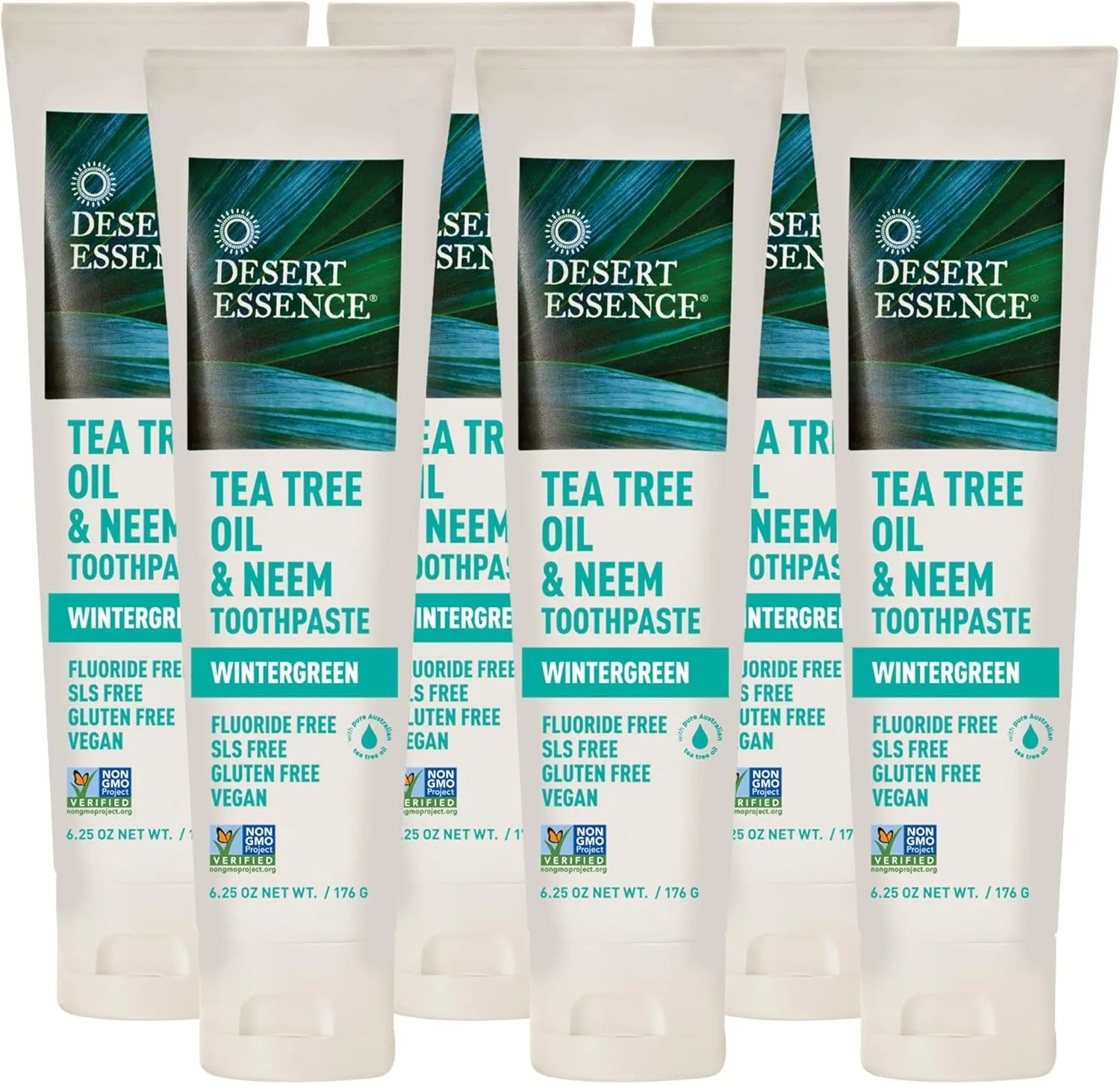 Desert Essence Tea Tree Oil & Neem Toothpaste - 6.25 Oz - Pack of 6 - Refreshing Rich Taste - Baking Soda & Essential Oil of Wintergreen - Antiseptic - Natural Ingredients - Fluoride & Gluten Free