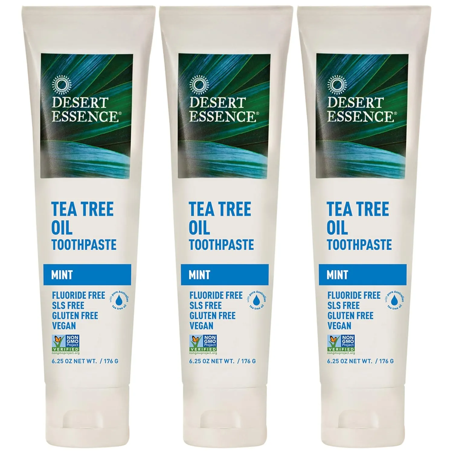Desert Essence Tea Tree Oil Toothpaste - Mint - 18.75 Oz (6.25 Oz * Pack of 3) - Refreshing Taste - Deep Cleans Teeth & Gums - Helps Fight Plaque - Sea Salt - Pure Essential Oil - Baking Soda