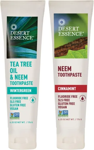 Desert Essence Toothpaste Natural Tea Tree Oil & Neem Toothpaste - 1 Wintergreen & 1 Cinnamint - Baking Soda & Essential Oil - Cleans Teeth & Gums - Refreshing Rich Taste - Tea Tree Oil