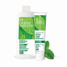 Desert Essence Natural Tea Tree Oil Ultracare Mouthwash & Toothpaste Bundle - Mega Mint - Helps Soothe Gums & Reduce Plaque - Freshens Breath & Cleans Teeth - Oral C