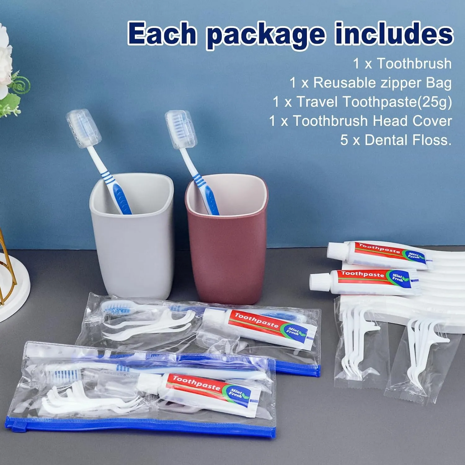 Disposable Travel Toothbrush and Toothpaste Set,Travel Kit with Plastic Zip Bag,Toothbrush Head Cover, Floss Pick,25gram Toothpaste,Bulk Toothbrush for Homeless,Travel,Hotel(15)