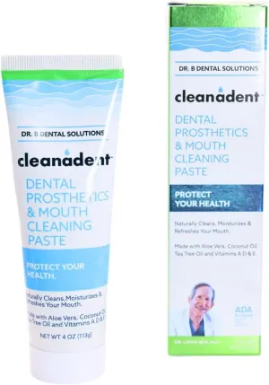 Dr. B Dental Solutions Cleanadent Denture and Gum Toothpaste, ADA Accepted All-Natural Denture Toothpaste for Adults - Removes Odors, Stains and Adhesives - 4 oz (2 Pack)