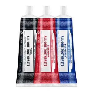 Dr. Bronner’s All-One Toothpaste 3-Pack Variety– (Peppermint, Cinnamon, Anise, 5oz Each)– 70% Organic Ingredients, SLS Free Toothpaste, Fluoride Free, Natural, Vegan, Gentle for Sensitive Teeth